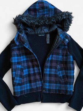 Sweater Project Blue and Black Plaid Hooded Puffer Jacket
